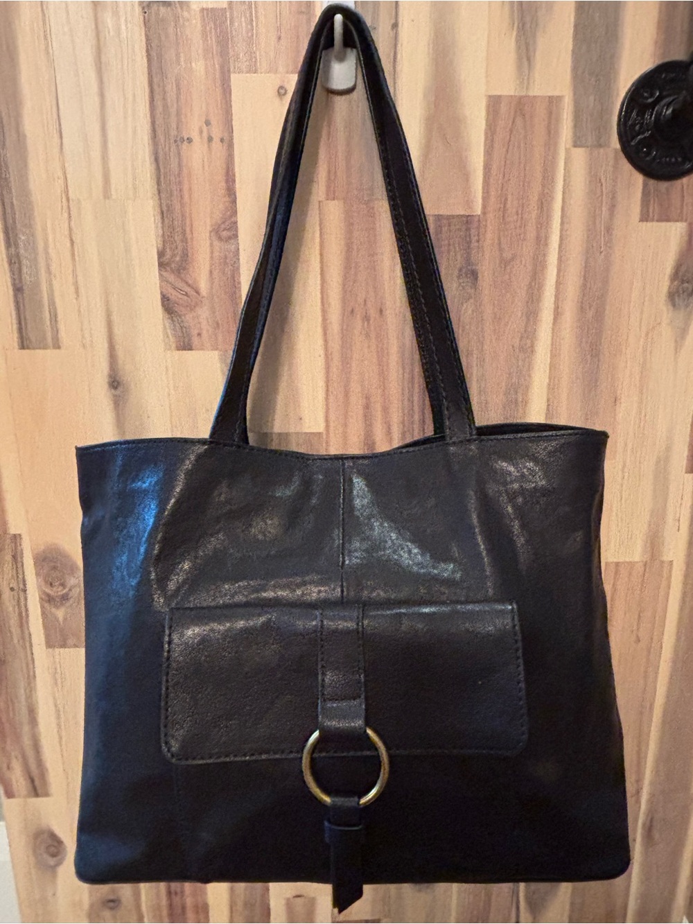 Frye Genuine Black Leather Tote with Front Ring Detail